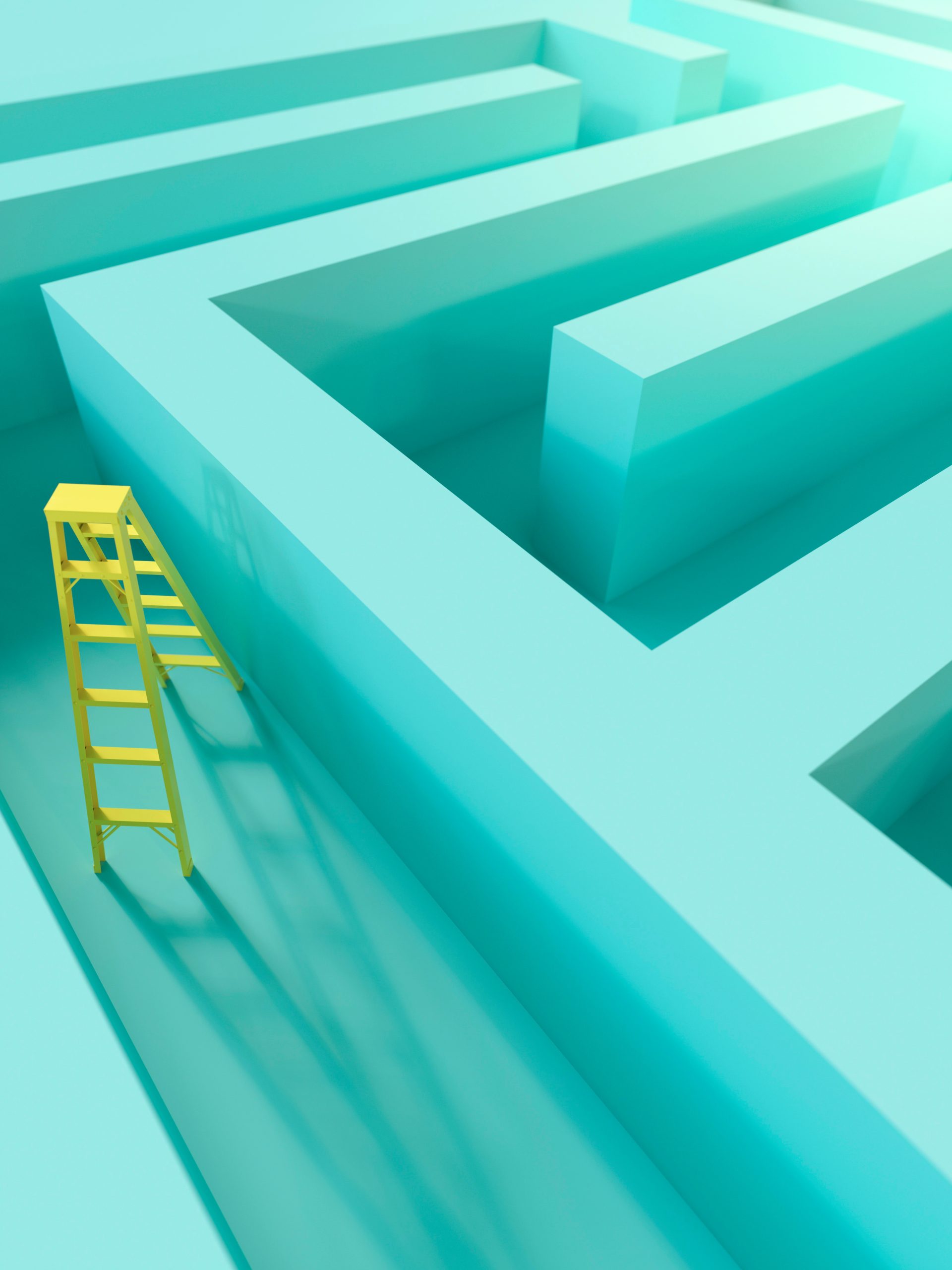 Conceptual ball bearing on a wooden maze puzzle with multiple options 3d render